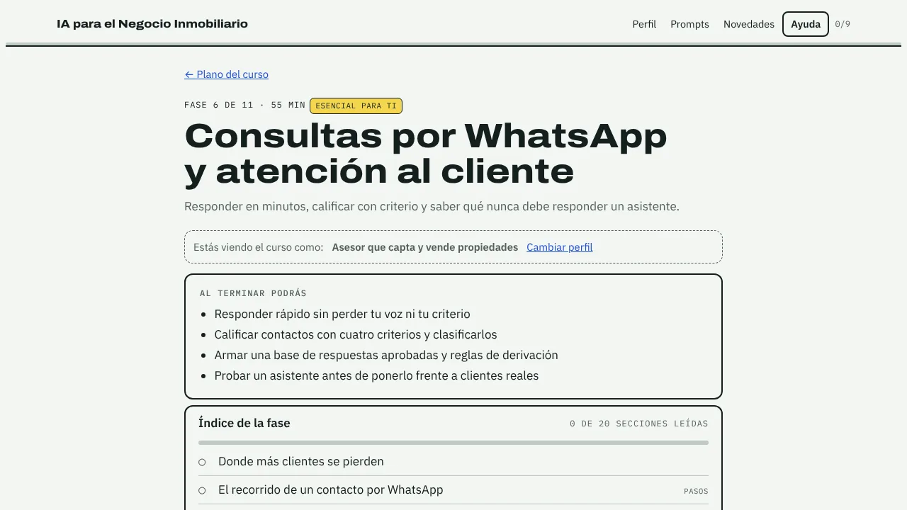 Pantalla del curso en una computadora: la Fase 6, Consultas por WhatsApp y atención al cliente, con sus objetivos y el índice de secciones.